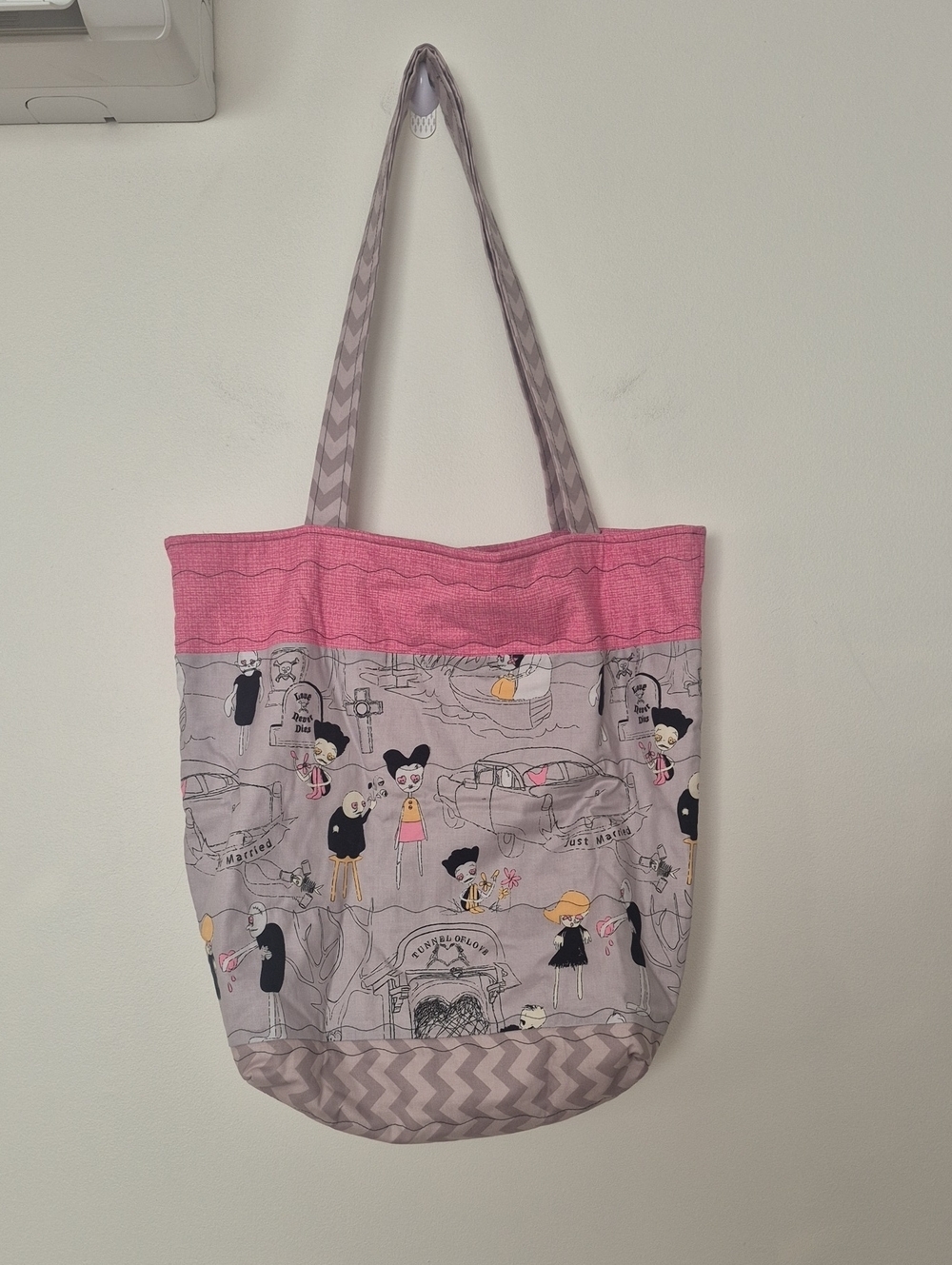 Handmade Quilted Tote Bag Spooky Gothic Romance Novelty Print Pink Chevron​